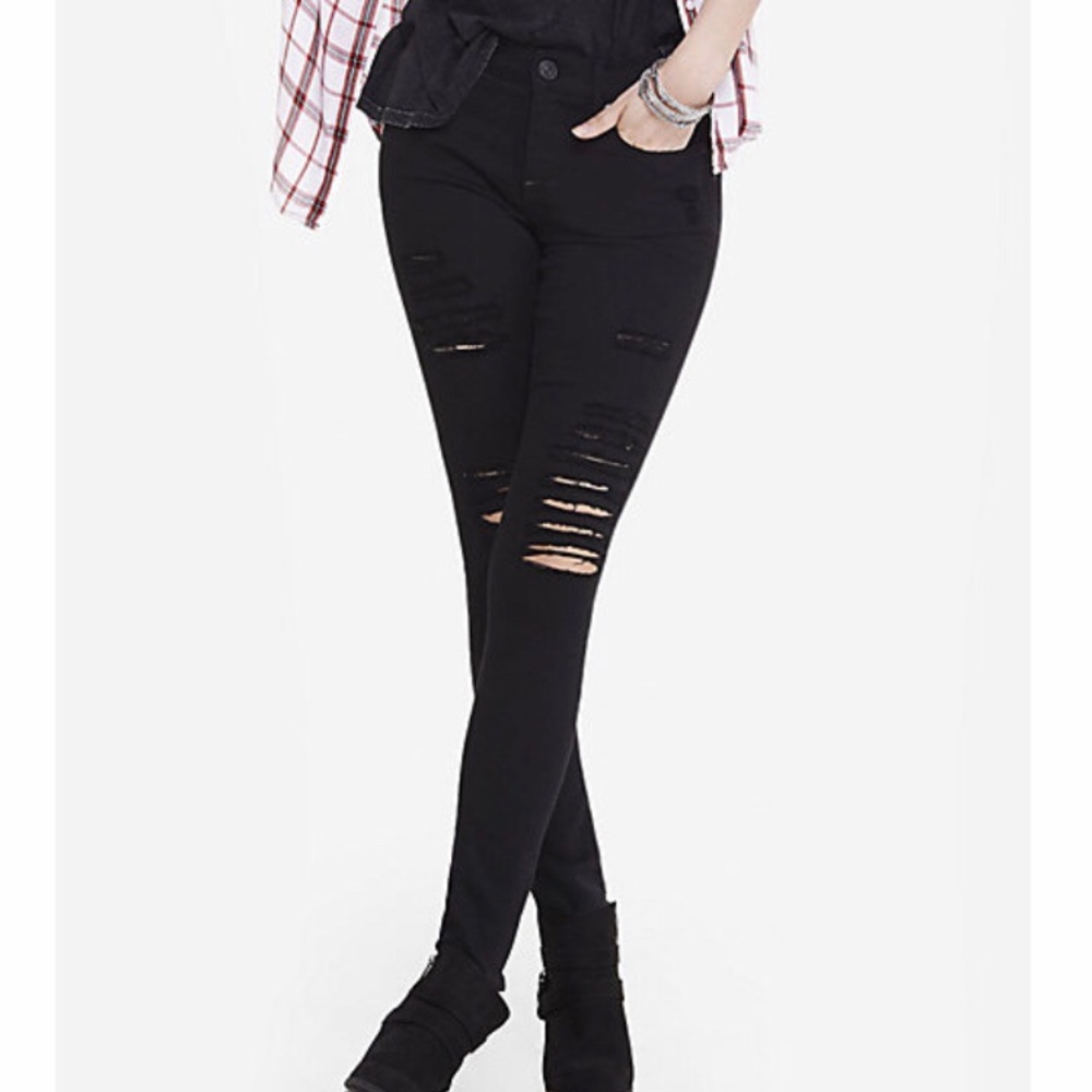 EXPRESS Mid Rise Black Distressed Stretch Jeggings